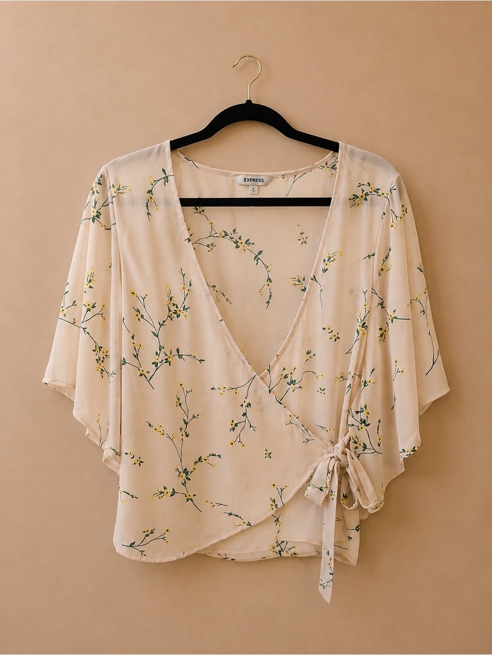 Express Cream Floral Wrap Top with Tie